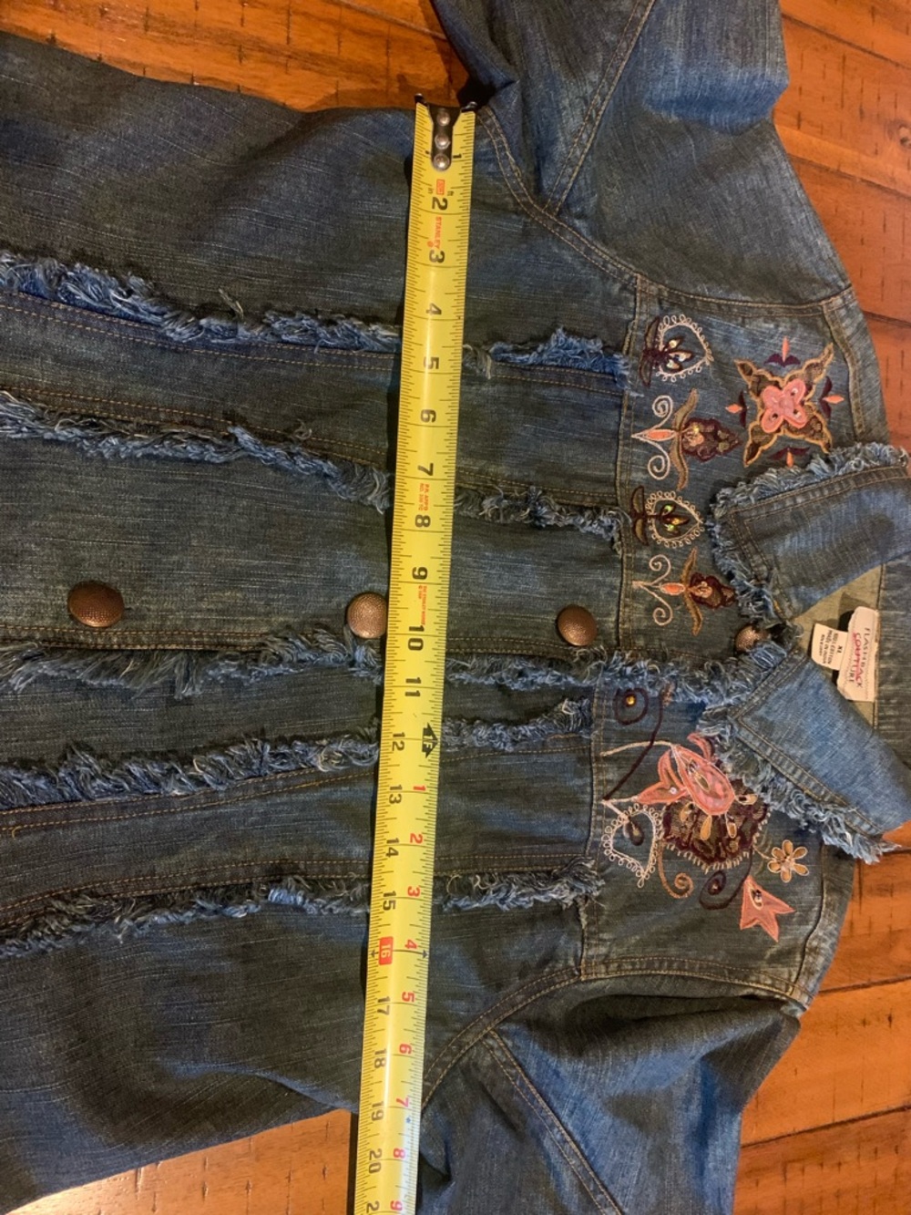 Vintage Boho Western Fringe Embroidered Denim Jean Jacket XL Floral Lace Beaded - Picture 10 of 11